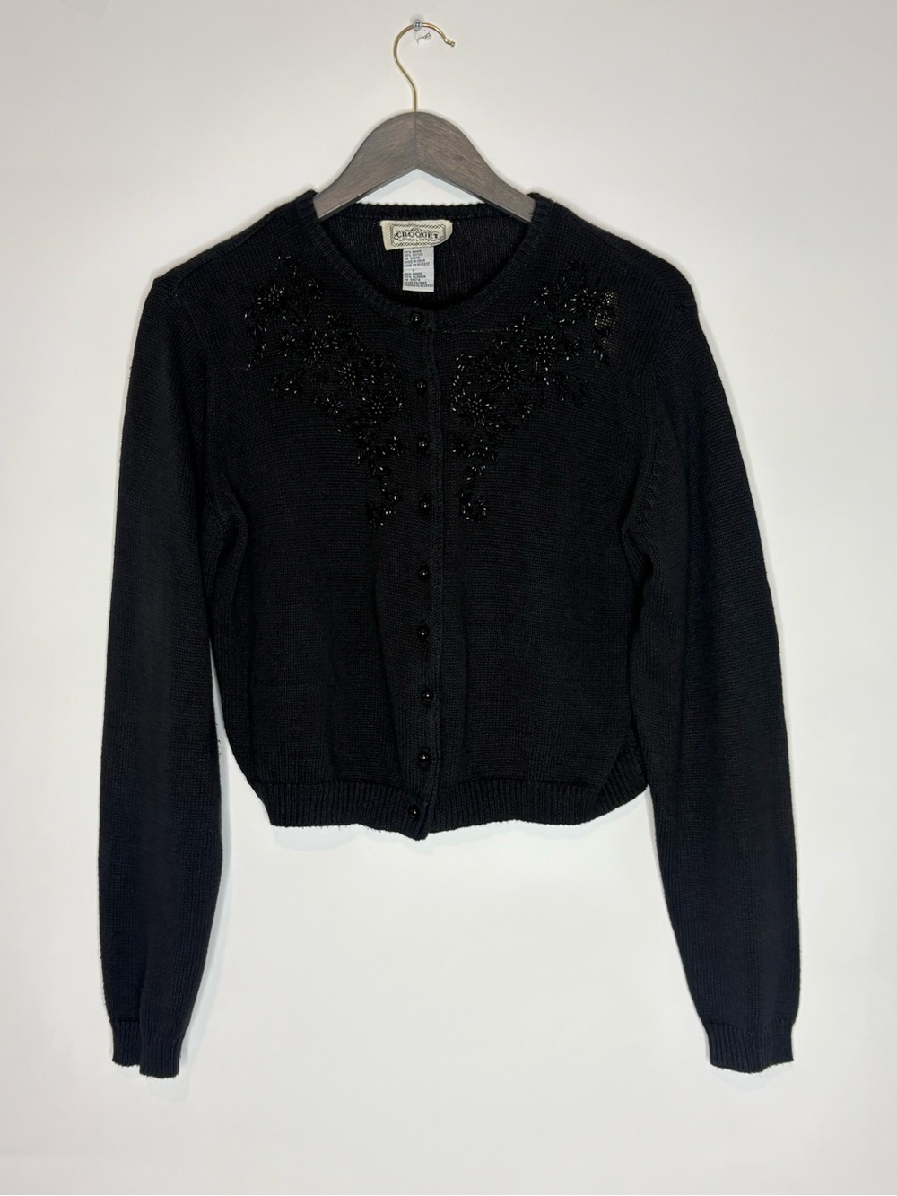 Vintage Croquet Club Button Front Cardigan Sweater Black Beaded Cropped Cottage